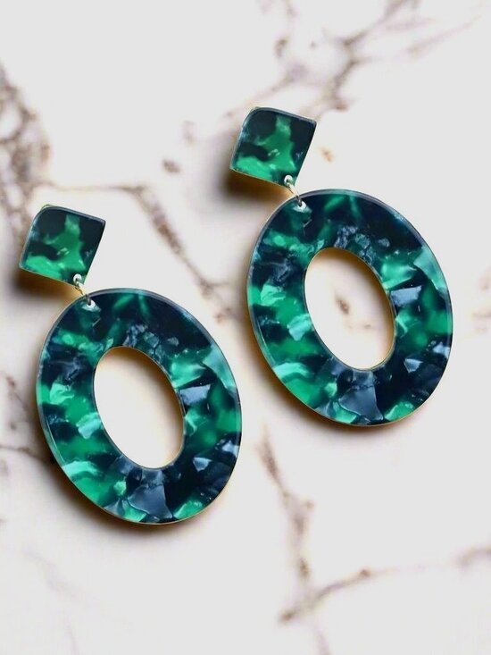 Color Glee Jewelry - Zinnia Abstracts Geometric Statement Dangle Earrings Open Oval Forest Green